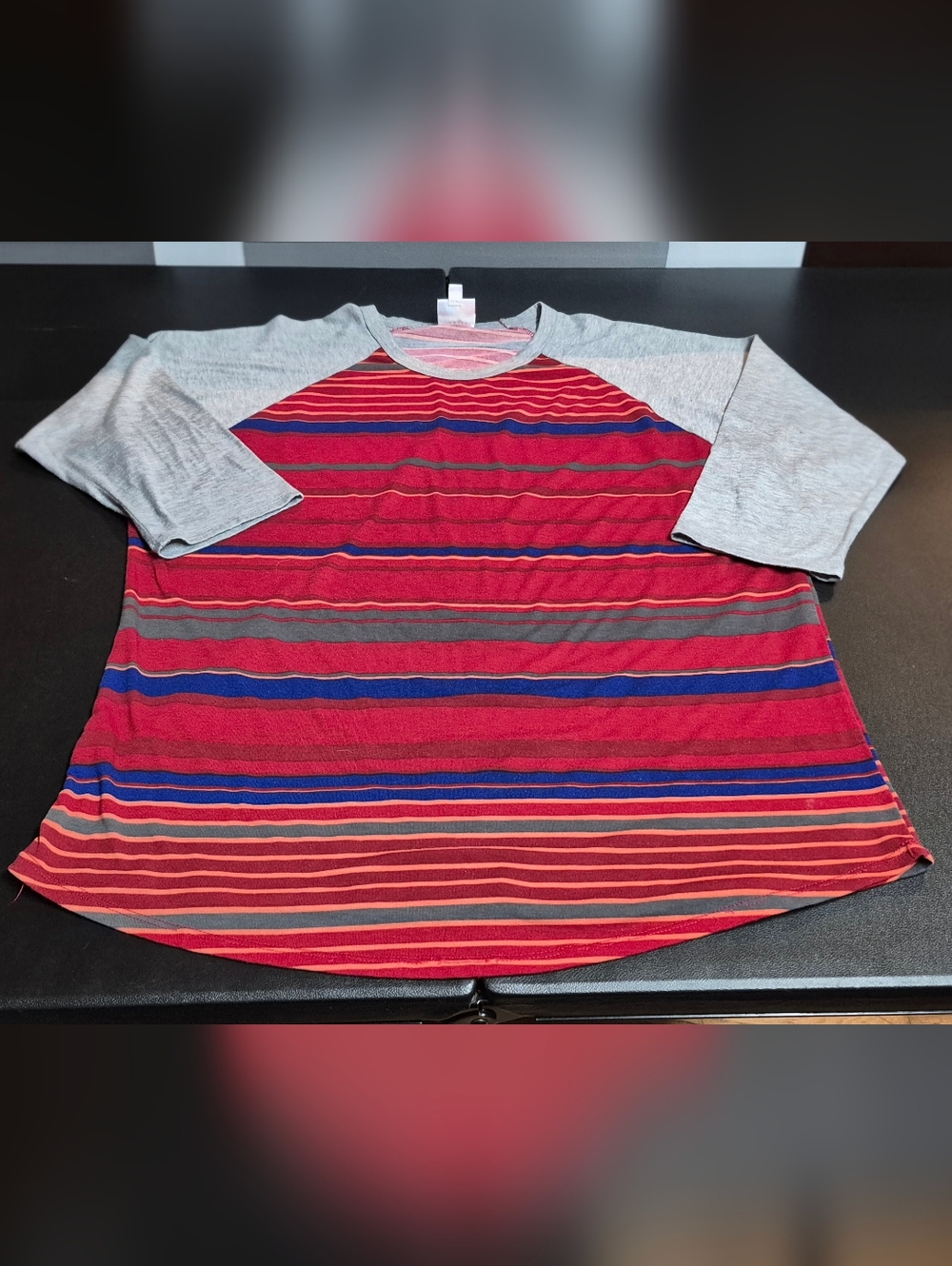 LuLaRoe Randy Baseball Tee 2XL Red Blue Grey Striped Raglan 3/4 Sleeve Plus Size